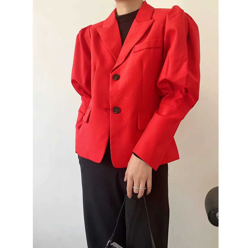 XITIMEAO Women Fashion Casual Wear Single Breasted Blazers Coat Vintage Puff Sleeve Female Loose Short Outerwear Chic Tops 210602