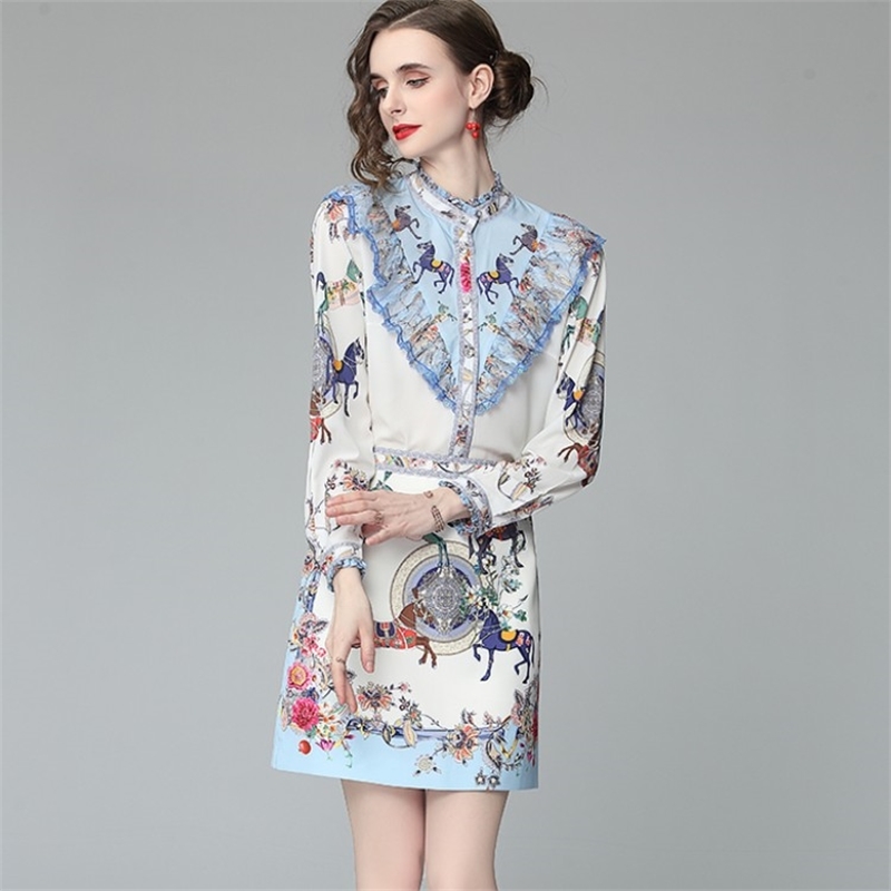 Runway Summer Elegant Two Piece Set Women Sweet Ruffles Stand Collar Animal Print Shirt Top + High Waist OL Bodycon Skirts Suit 210519