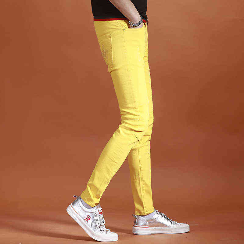 Yellow Jeans Men Fashion Slim Fit Straight Pants Summer Streetwear Thin Ripped Patch Denim Trousers 211111