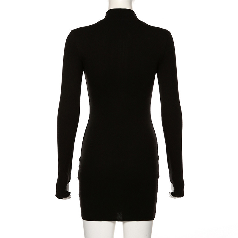 Asia Zipper Sexy Mini Dres Long Sleeved Solid Party Dress Club Turtleneck Summer Dresses Slim Casual Vestidos 210413