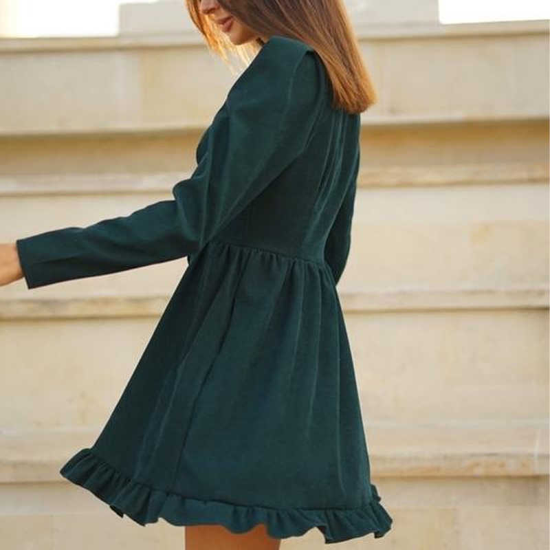 Sweet A-Line Ruffles Mini Dress Women Casual Square Collar Long Sleeve Solid Color Dresses Spring Fashion Elegant Dress 210630