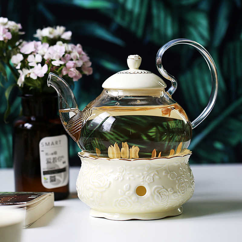 Ceramic Teapot With Strainer Vintage Porcelain British Tea Pot And Cup Set Candle Heating Glass Coffee Mugs Home Decoration 210724