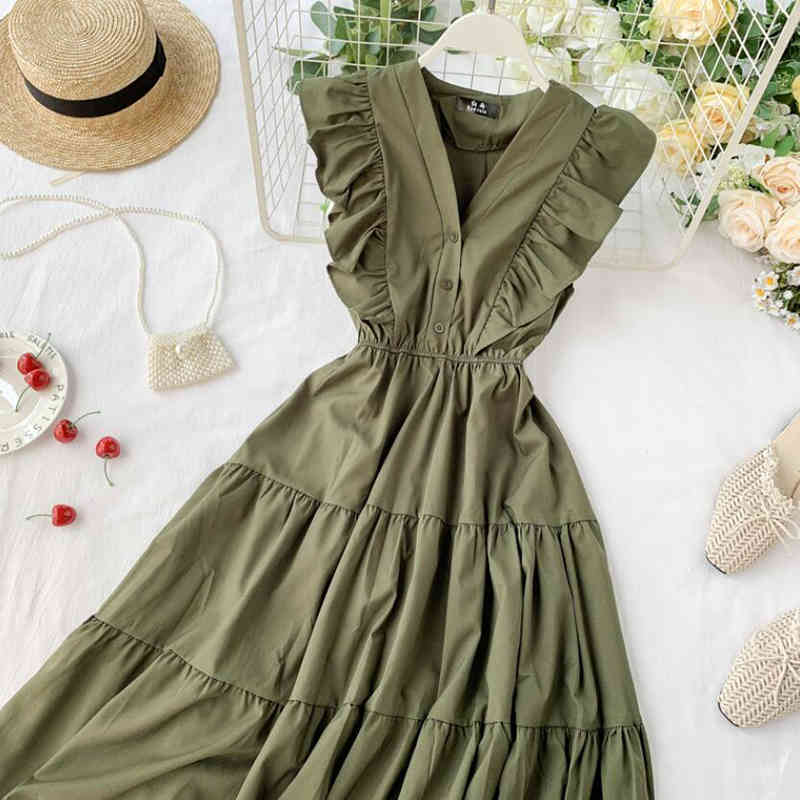 V Neck Ruffles Summer Dress Party Tank Sundress Women Casual A-Line Beach Holiday Dresses Elegant Knee-Length Vestidos 210521