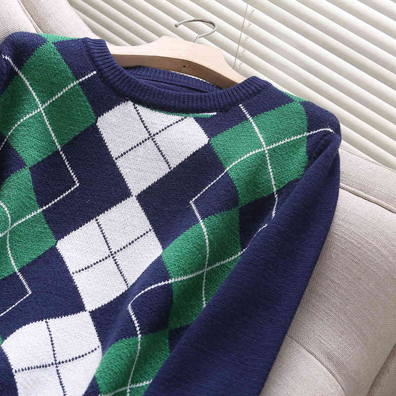streetwear women o-neck sweater fashion ladies plaid causal female full sleeve tops girls slim woollen 210430