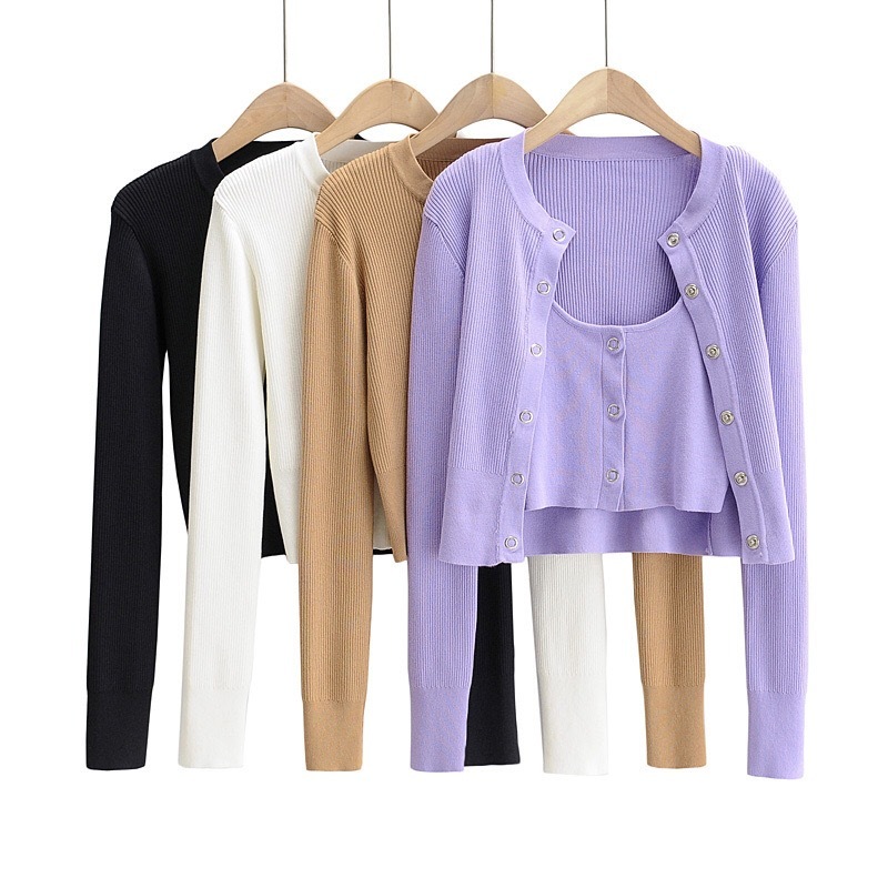 2 piece Set Autumn Winter Romantic Purple Knitted Cardigan Cropped Tank Top Single-breasted Button Short Sweater Slim fit Jumper 210429