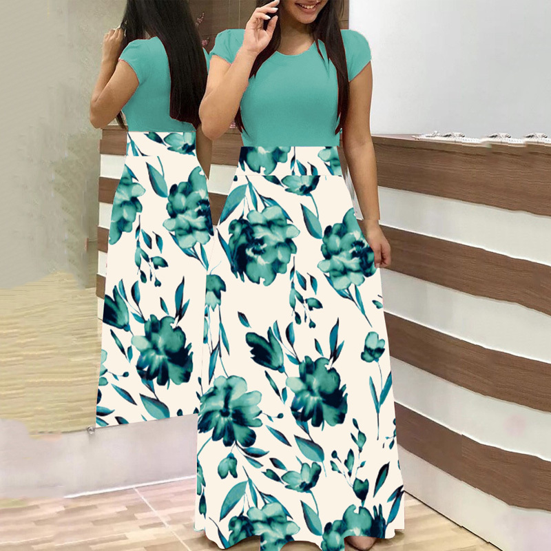 Plus Size Women Summer Dress Vintage Floral Print O Neck Splice Long Sleeve Boho Beach Elegant Ladies es Vestidos 210522