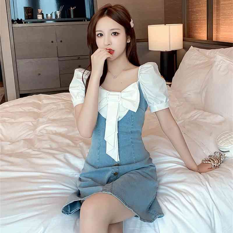 Vintage Sweet White Bowknot Patchwork Denim Dress Summer Women Elegant Square Collar Puff Sleeve High Waist A Line 210519