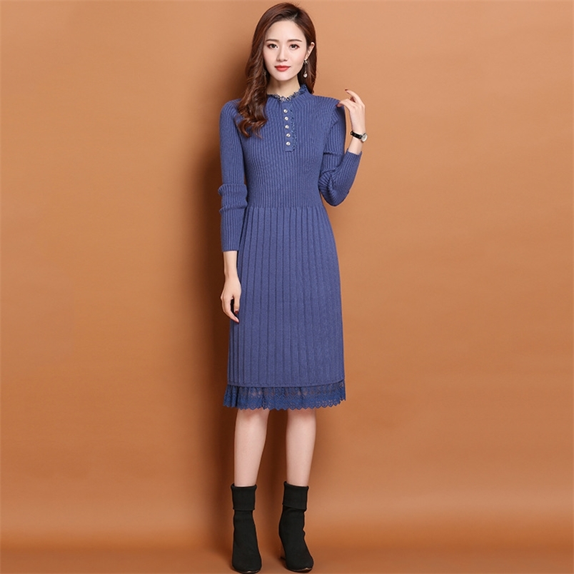 Robe Pull Femme Hiver Lady Korean Style Lace O-neck Long Sleeve Dresses for Women Casual Knee-length Knit Dress Sukienki Damskie 210604