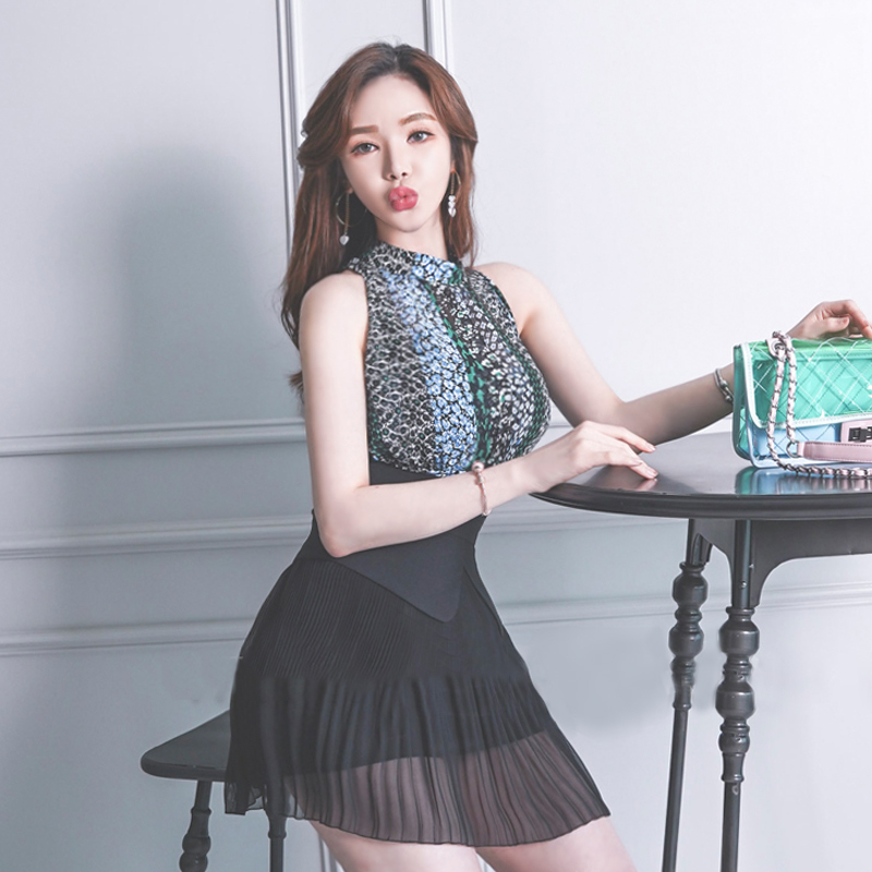 Korea Summer Vintage Print Sleeveless Vest Top High Waist Bodycon Black Chiffon Skirt Two Piece Casual Clothing Sets Club Dress 210506