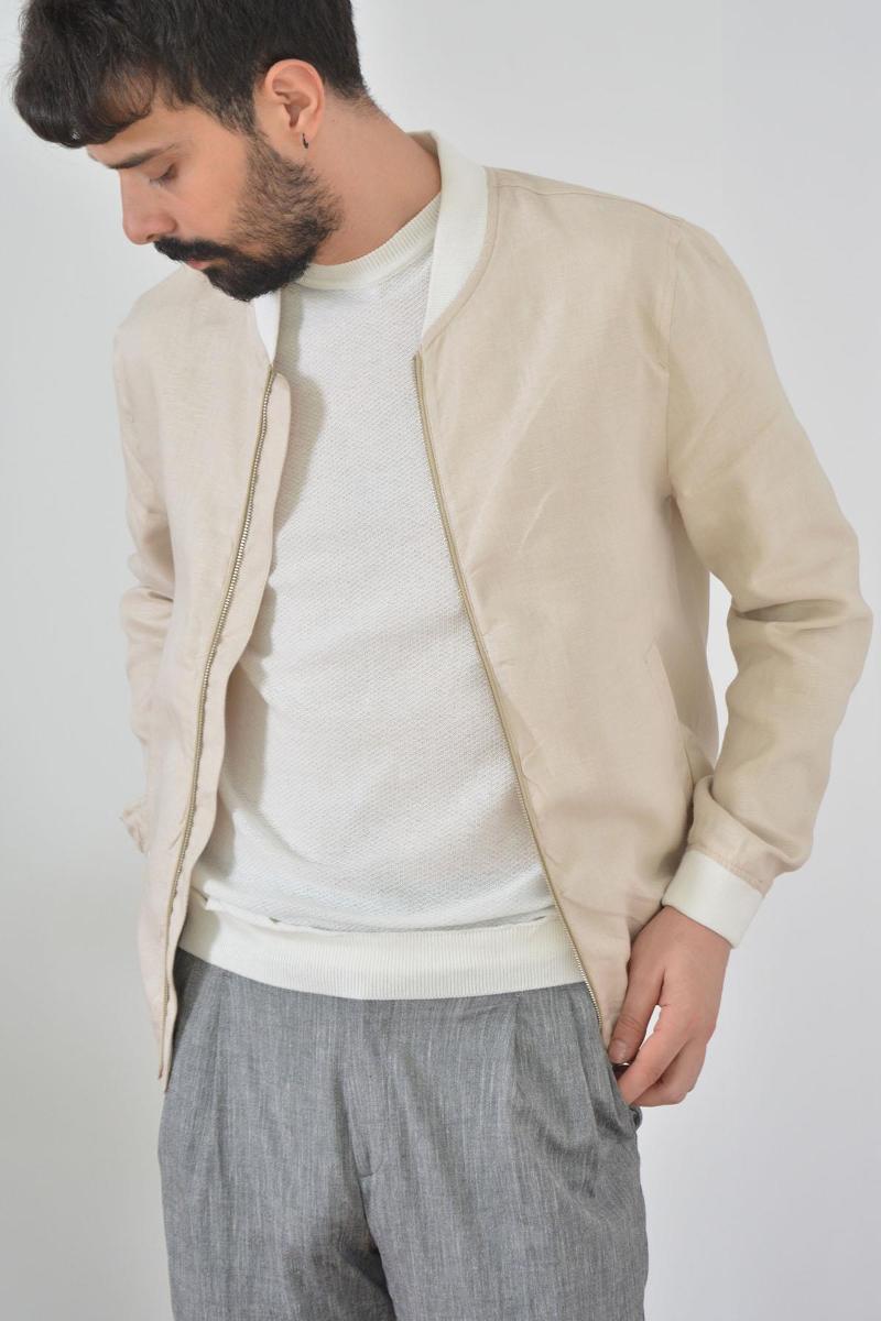 Bomber Pure Linen Zipper Beige Men 'S Jacket Men's Jackets