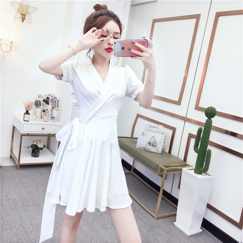 Women Summer Sexy V-Neck Mini Wrap Dress Fashion Elegant High Waisted Sashes Boho Ruffles Beach Short Vestidos 210519