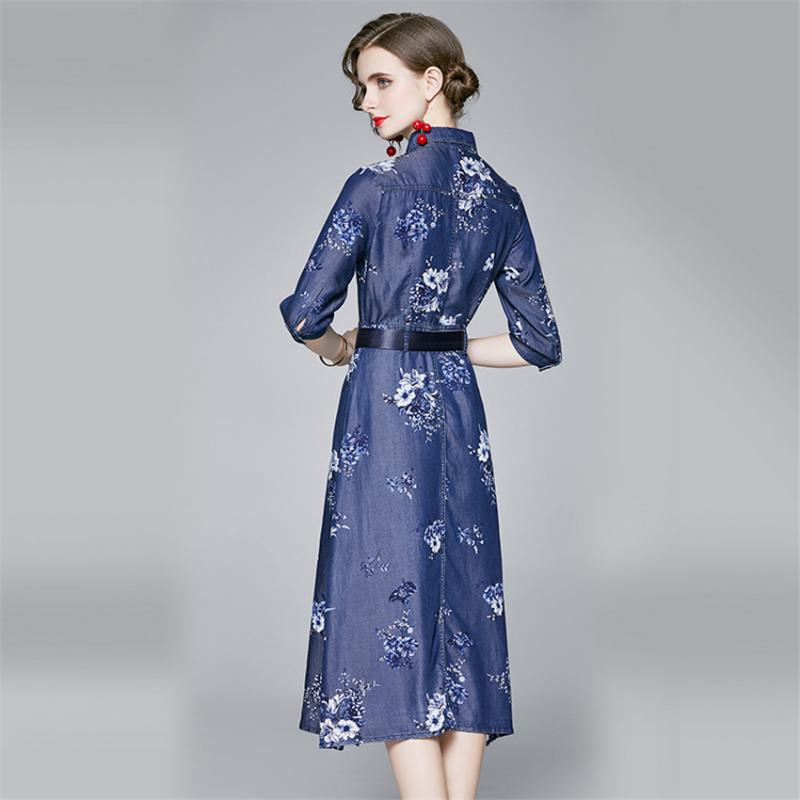Women Summer Denim Dress Retro Floral Print Casual Long Jeans Shirt High Quality Fashion Soft Robe Femme 2021 Dresses