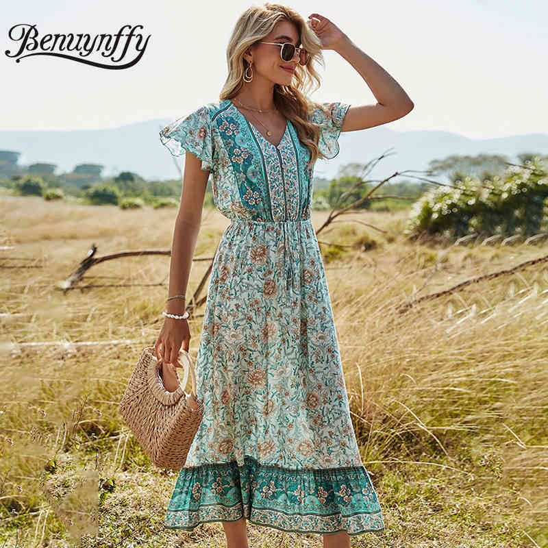 V-neck Button Front Drawstring Waist Floral Print Dresses Women Summer Vacation Boho Casual Swing Long Dress 210510