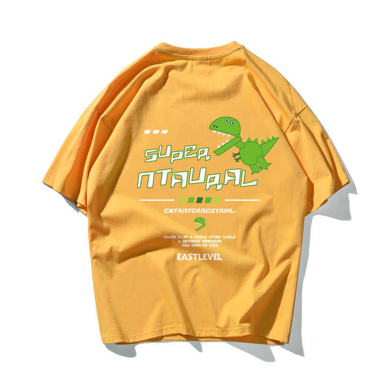 Cartoon Dinosaur Hip Hop Oversize T Shirt Men Streetwear Hand Print Tshirt Short Sleeve Cotton Loose HipHop T-Shirt Couple 210603