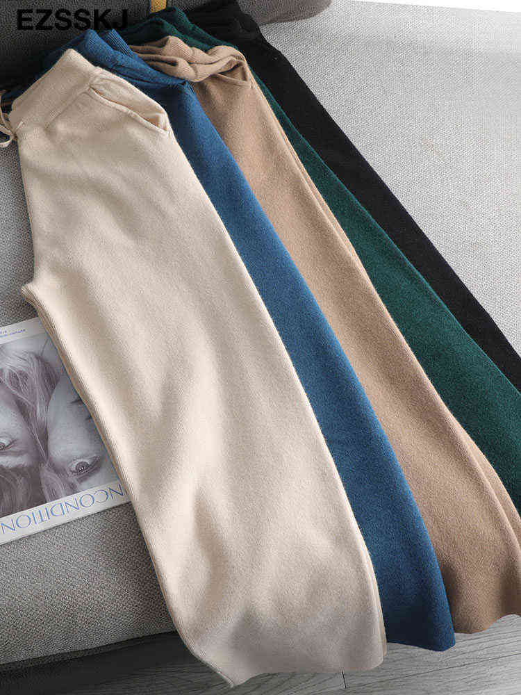 Women Elastic Waist HIGH Quality wide lege Trousers Thick Knitted Autumn Winter Sport pants sweater cashmere 211124Z