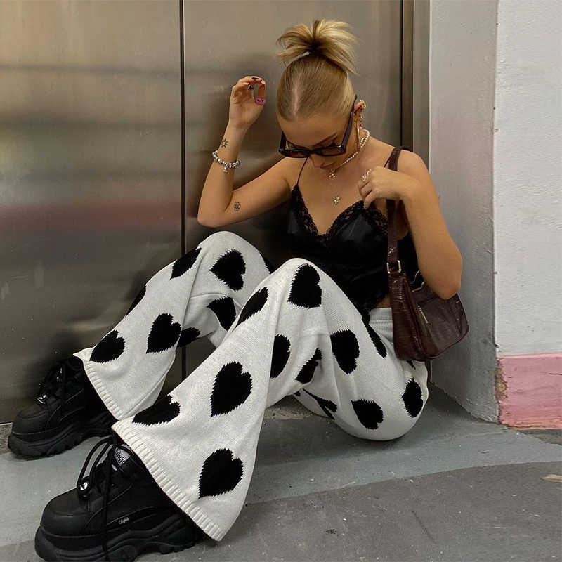 Rapwriter Black Heart Printed Knitted Oversized Wide Leg Pants Women High Waist Baggy Sweatpants White Trouser Streetwear 211115