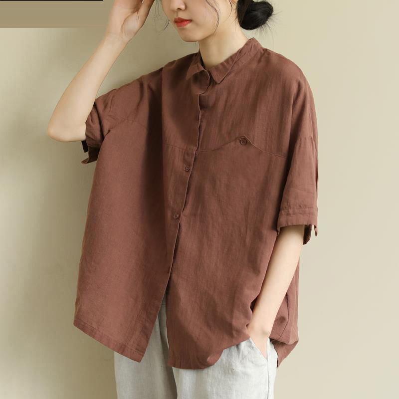 Arrival Summer Arts Style Women Short Sleeve Vintage Cotton Linen Shirt Loose Casual Turn-down Collar Blouses Plus Size S935 210512