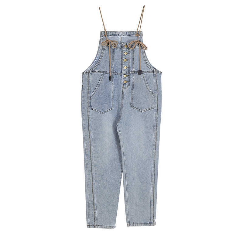 Fresh High Waist Bandage Denim Overalls for Women Loose Casual Stright Silm Belt Jeans Fashion All-match Pants Summer 210525