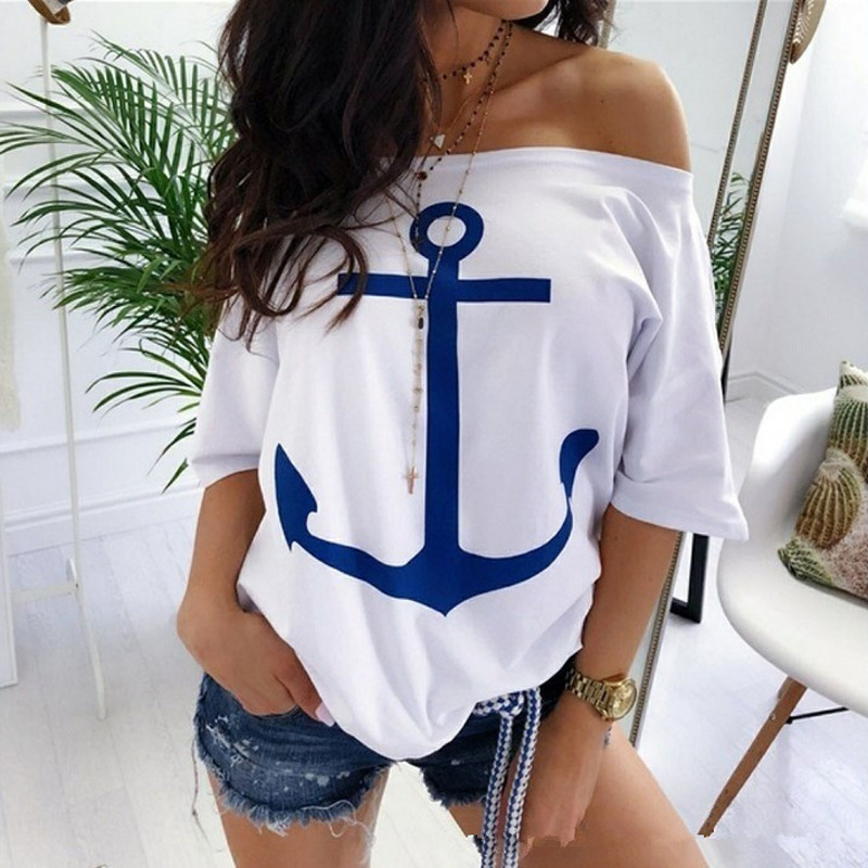 Women's T-Shirt Tops Tees 2022 spot new hot style loose one-shoulder bat shirt printed women