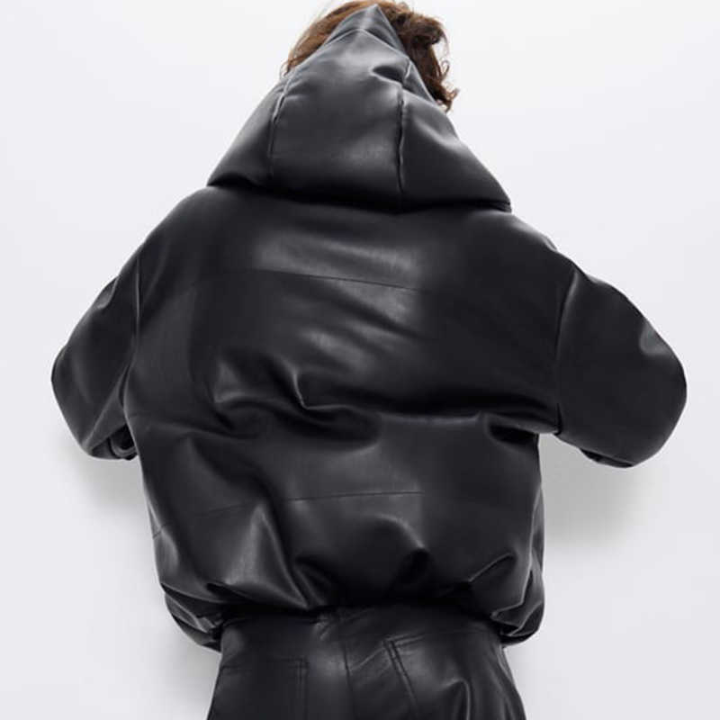 LY VAREY LIN Winter Women Faux Leather Padded Hooded Coat Thick Warm PU Zipper Loose Oversized Jacket Casual Windbreak Outwear 210526