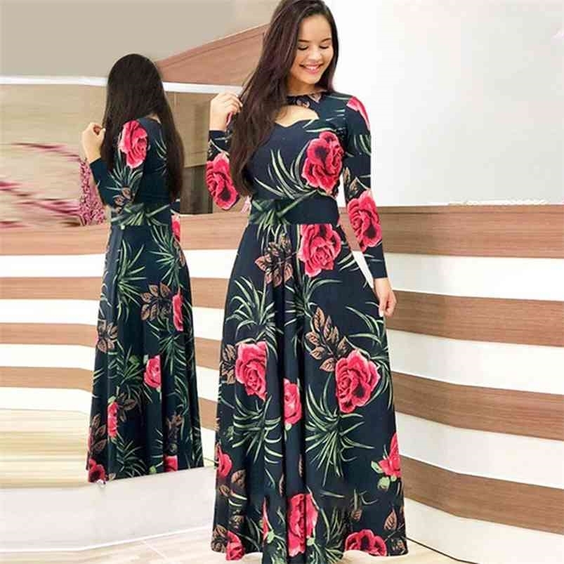 Flower Print Winter Dress Woman Casual Bohemia Long Sleeve es For Women Elegant Plus Size Maxi Vestidos Autumn 210623
