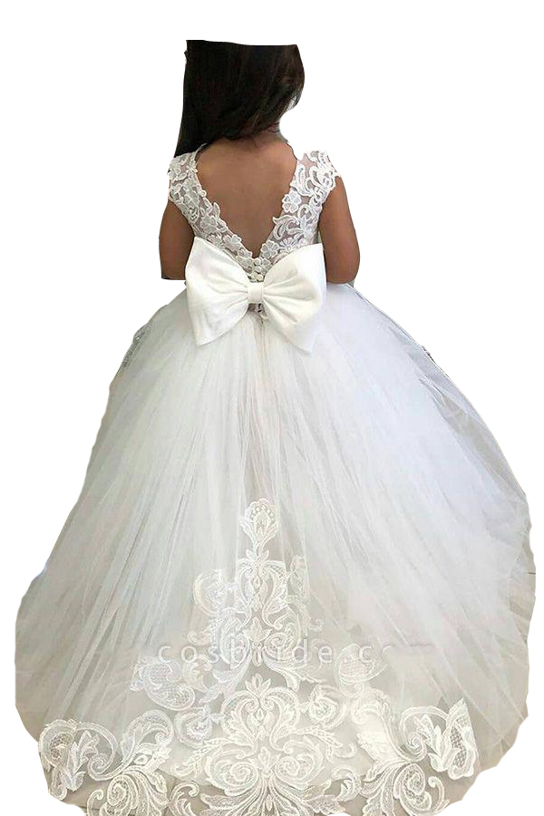 2022 Cute White Lace Little Kids Flower Girl Dresses Princess Jewel Neck Bow Tulle Applique Sweep Train Puffy Floral Formal Wears Party Communion Page
