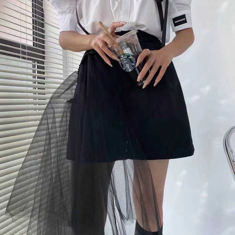 Casual Black Patchwork Mesh Irregular Short For Women High Waist Straight Loose Korean Shorts Female Summer Fashion 210531