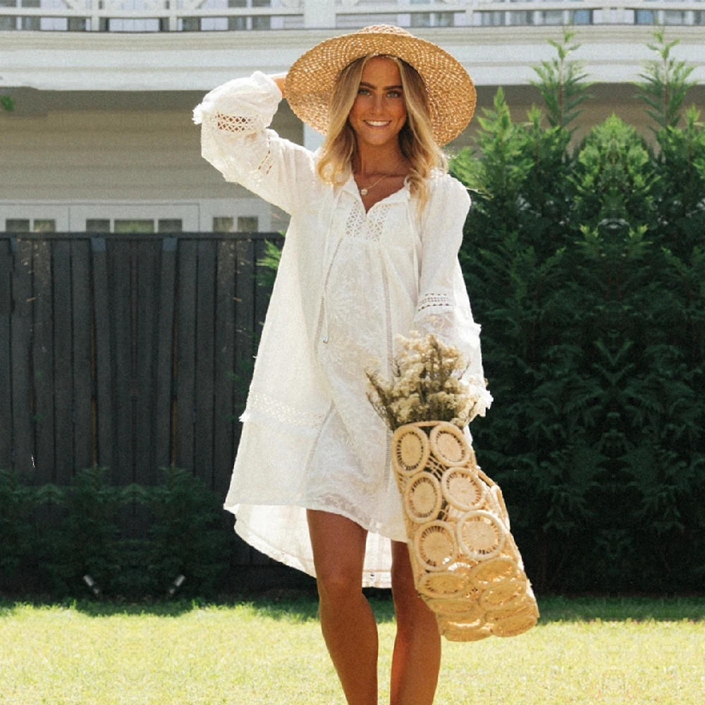 Caftan Cover-ups Sexy Hollow Out Summer Beach Dress White Cotton Tunic Women Plus Size Wear Swim Suit Cover Up A770 210420