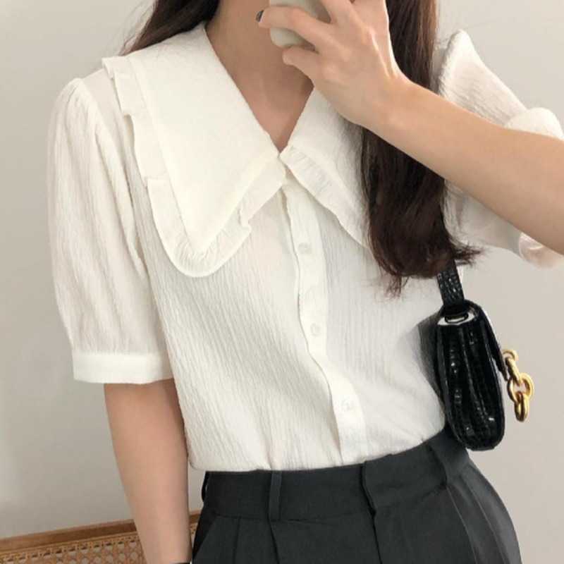 Chic Summer Woman Shirts Causal Peter Pan Collar Short Sleeve Blouse Tops Korean Solid Blusas De Mujer 6J686 210603