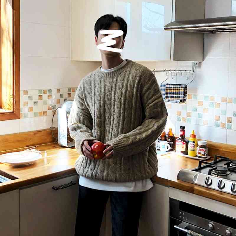 IEFB Korean fashion knitted twist sweater warm autumn winter crew neck thickening loose big size kintwear tops for men 9Y4775 210524