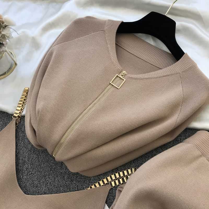 Fall Winter New Women Knitted 3 Piece Set Casual Tracksuit Knitted Vest + Zipper Cardigans Coat+Pants Outfits Trousers Sets Y0625
