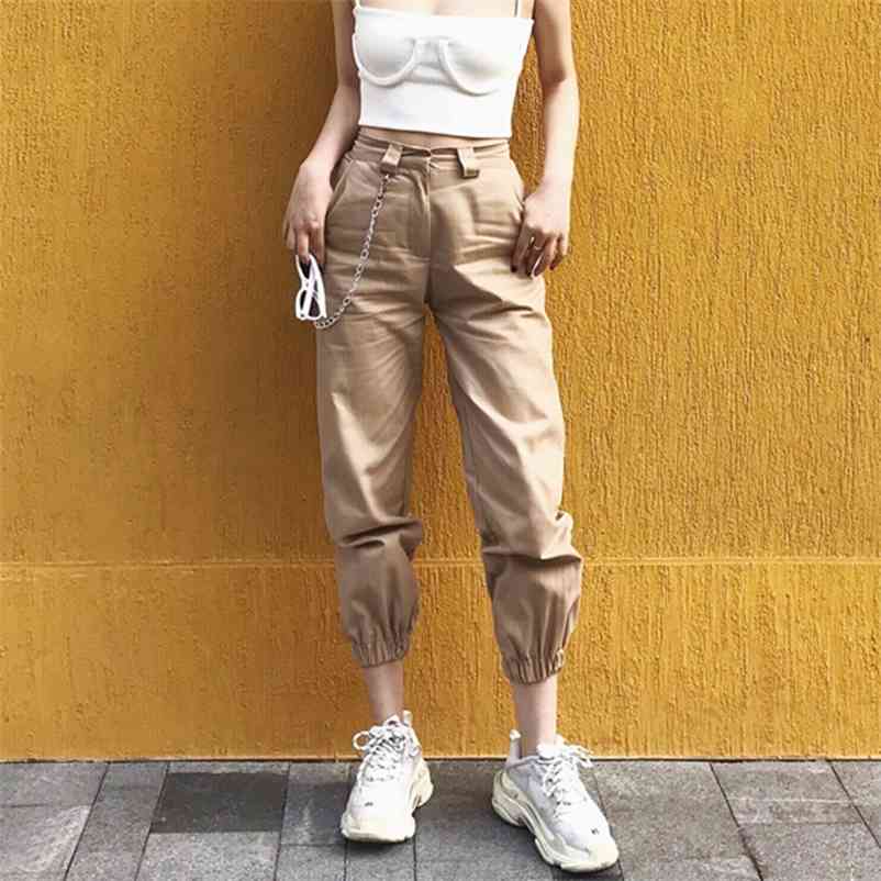 vintage chain black cargo pants women high waist joggers baggy trousers streetwear plus size 210521