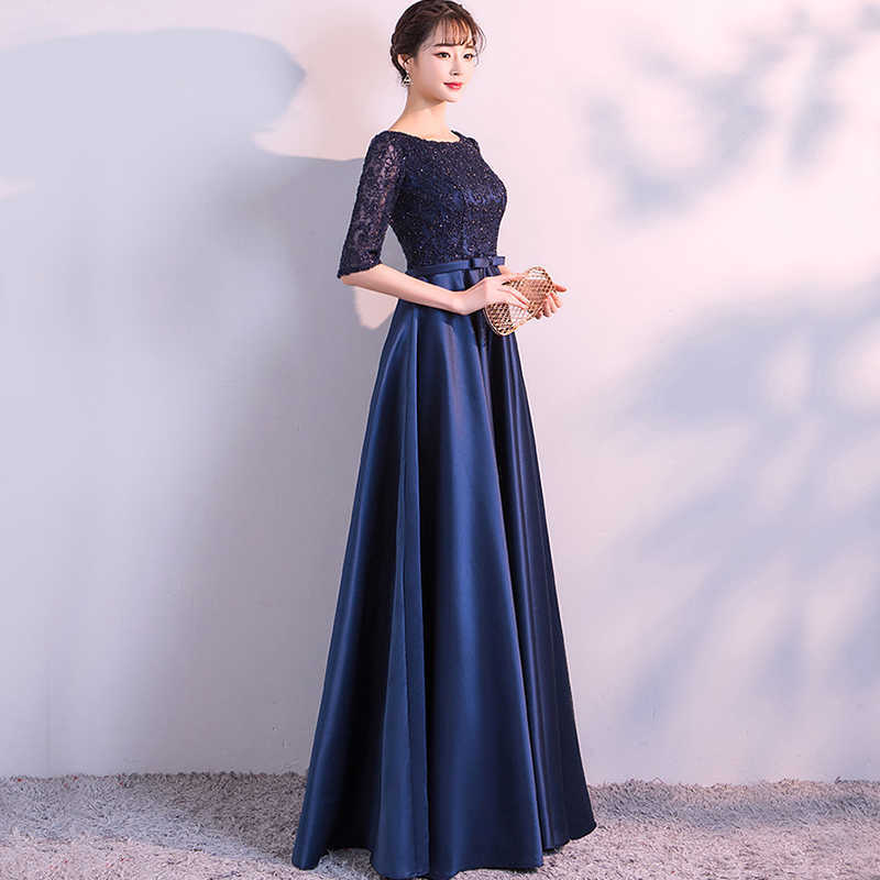 Dongcmy Long Formal Evening Dresses Elegant Lace Satin Navy Blue Vestidos Women Party Gown SH190827