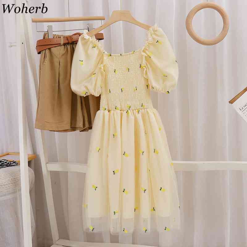 Sweet Mesh Dress Women Summer Kawaii Cute Embroidery Dresses Vintage Korean Short Sleeve Robe Midi Vestidos 210519