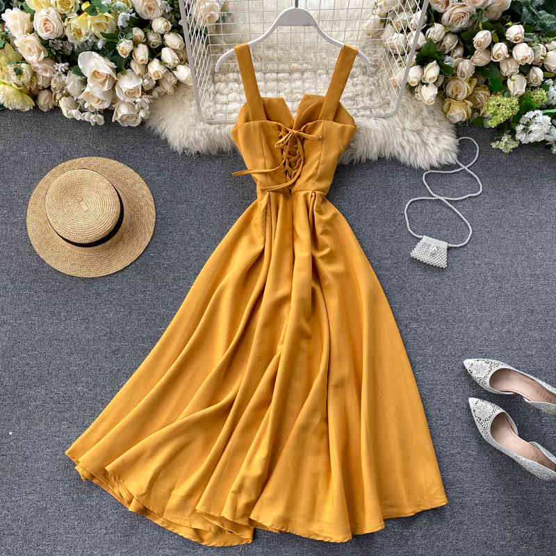 Summer Robe Dress Women V Neck Long Party Dresses Sexy Tank Backless Spaghetti Strap Maxi Female Holiday Vestidos 210422