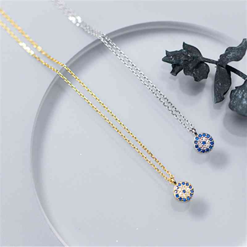 WANTME Fashion Round Geometric Blue Evil Eyes Pendant Necklace For Women Genuine 100% 925 Sterling Silver Office Party Jewelry 210507