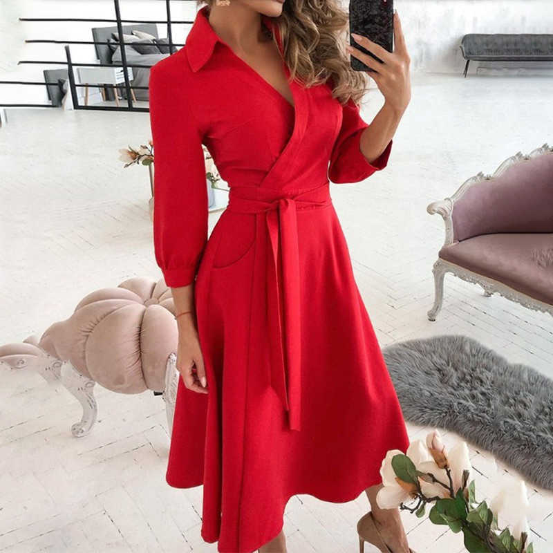 Women V-Neck Sexy Dresses Elegant Long Sleeve Lace Up Wrap Midi Dress Summer Office Lady Party Vestidos 210526