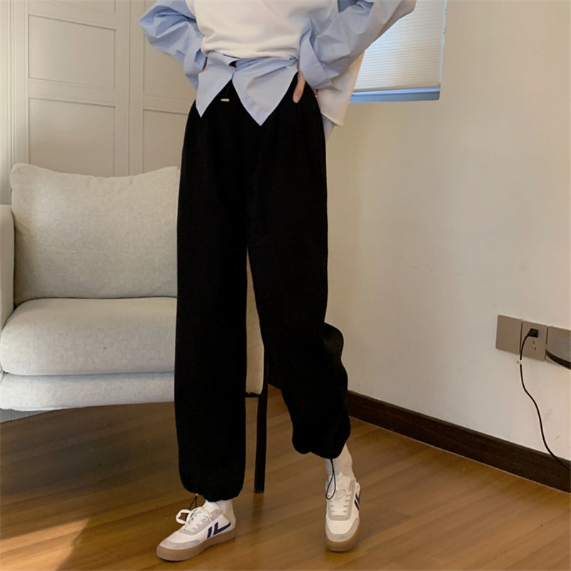 Korean Bottom OL Solid Loose Velvet Casual Trousers Warm Chic Women Retro Fashion High Waist Pants Femme 210421
