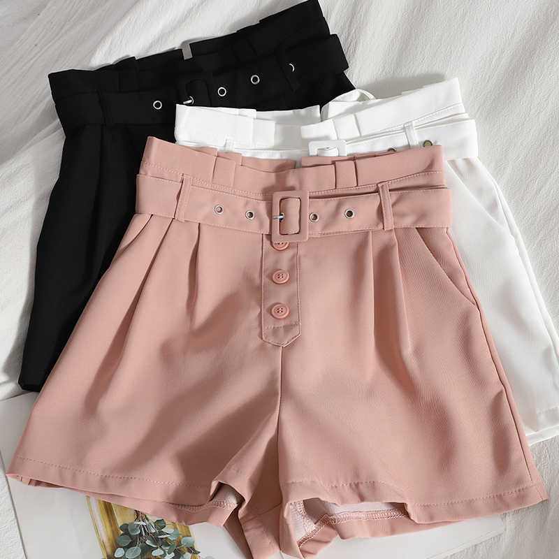 Ashgaily Shorts Women Vintage Sashes All-match Solid High Waist Casual Loose Ladies XL 210714