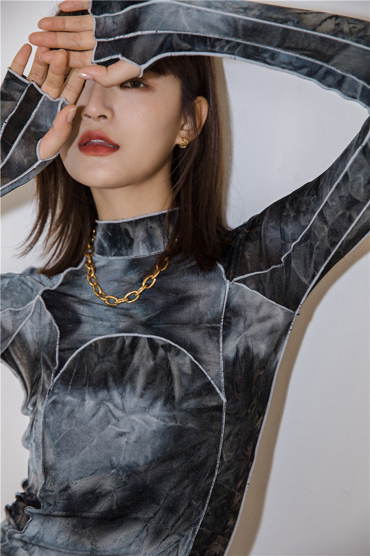 CHEERART Tie Dye Grey Black Turtleneck Woman Tshirts Bodycon Long Sleeve Top Women Fall Fashion Tee Shirt Femme Clothing 210406