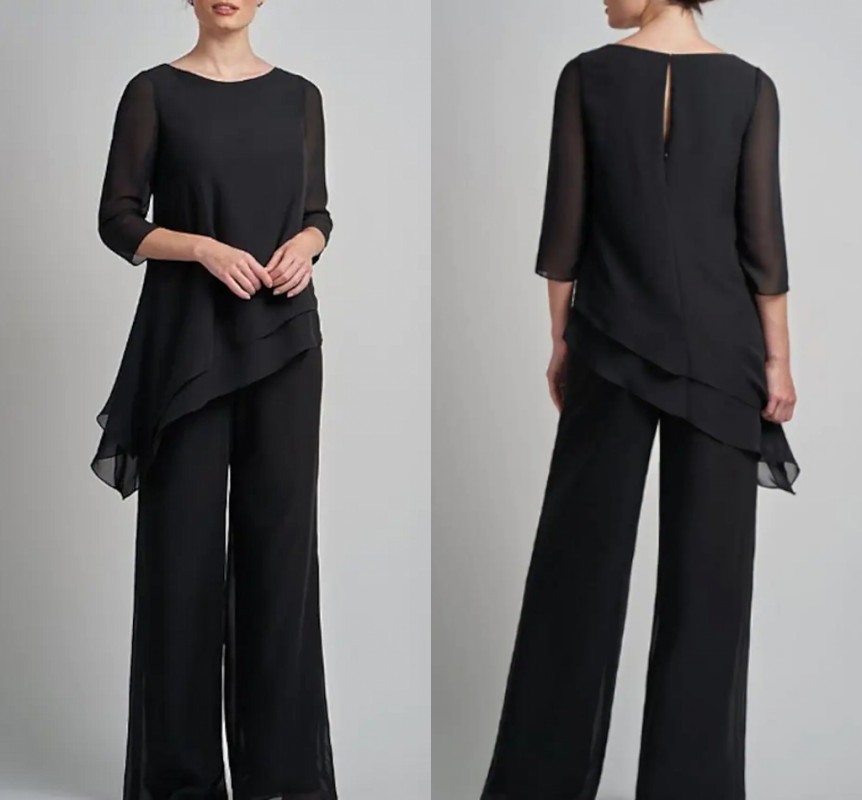 Black Jumpsuit Mother of the Bride Dress Plus Size Elegant Jewel Hlaf Sleeves Floor Length Chiffon Guest Party Gowns Robe De Soiree