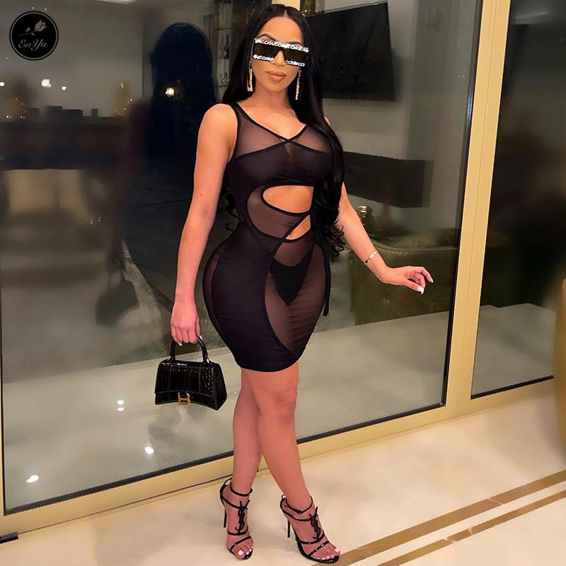 Enyu S-4XL Fashion 2021 Summer Sexy Women Black Brown Solid Mini Dress Camisole Thin Guazy See-Through Club Casual Dresses