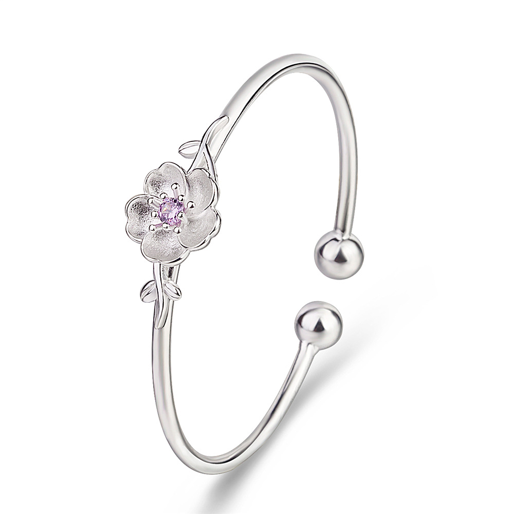 Sterling Silver Plated Cuff Bangle with Rose Quartz & Floral Design - Elegant Womens Jewelery