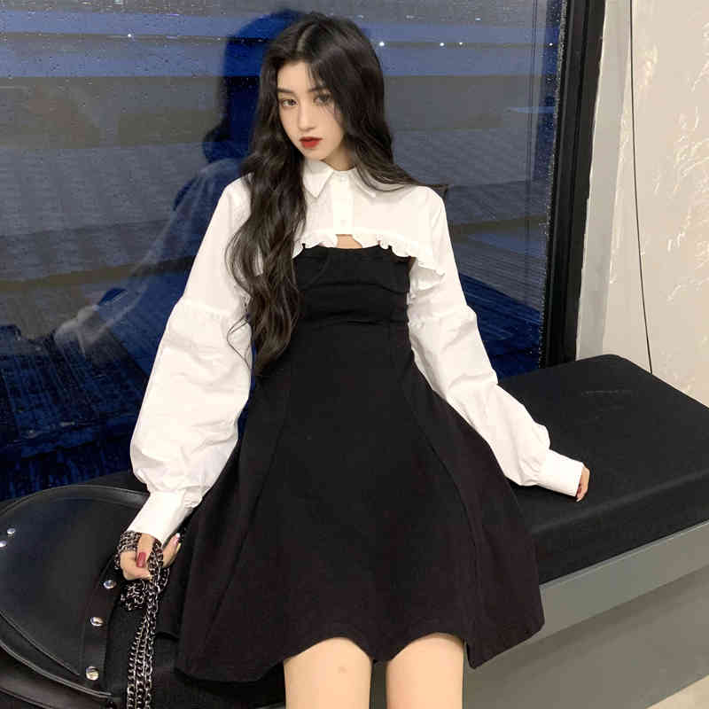 two pcs set summer korean style long sleeve shirt+strap dress 2pcs set women clothing set (C2823 210423