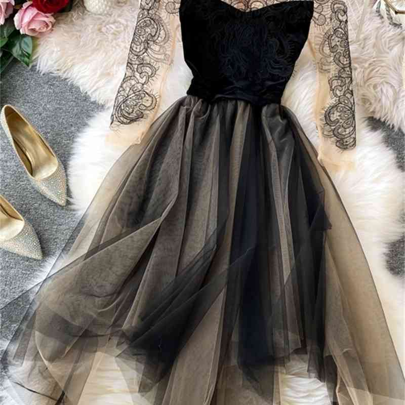 Neploe Mesh Velvet Vinatge Women Dress Spring Patchwork Elegant Female Party Dresses Embroidery Lace Ladies Vestidos 95187 210422