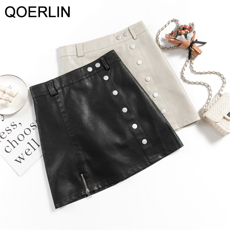 QOERLIN Vintage Girly PU Leather ALine Skirt with Safe Shorts High Waist Back Zipper Washed Short Mini Skirt Women Summer Saias 210412