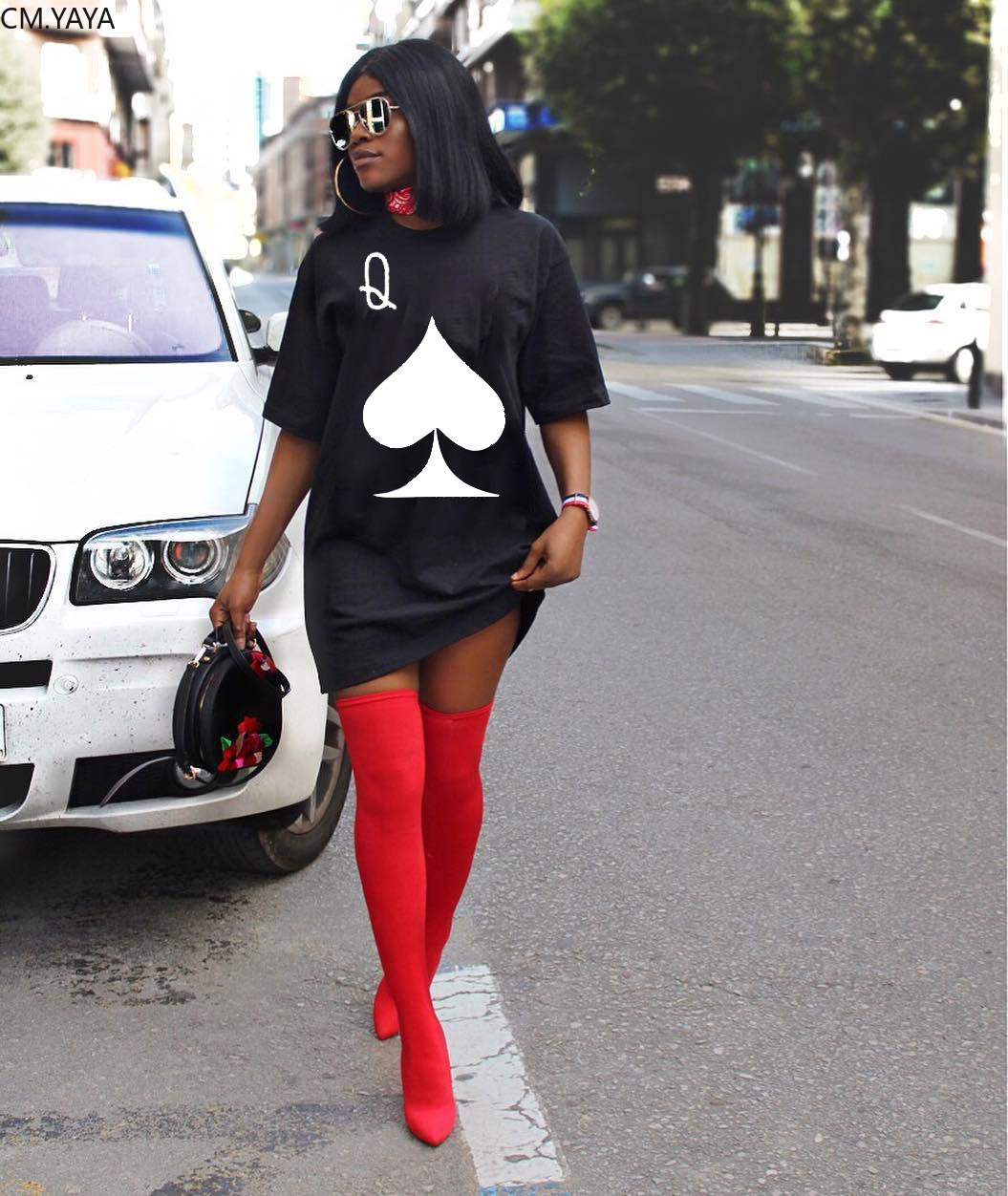 CM.YAYA Women Active Wear Short Sleeve Spade Q Print O-neck T-shirts Dress Vestidos Classic Fashion Tee Dresses 210331
