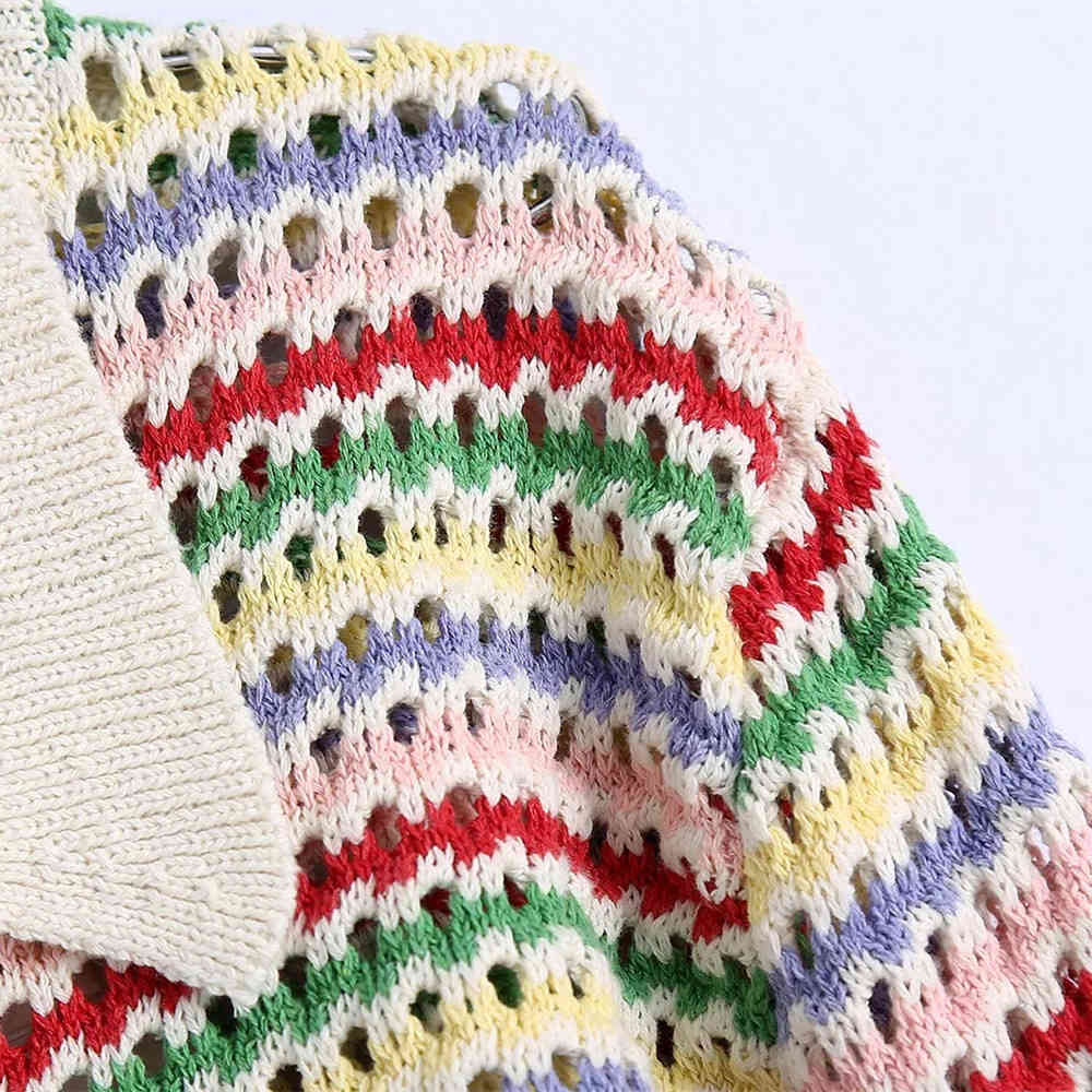 Women Elegant Rainbow Striped Print Hollow Out Sweater Casual Crochet Knitted Cardigan Coat Female Chic Single Breasted Jacquard 210521wtt