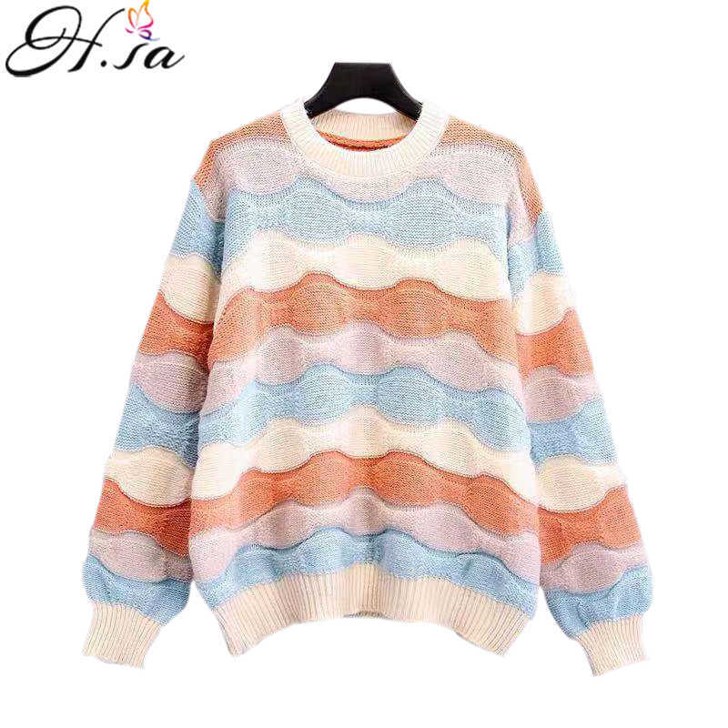 H.SA Fall Fashion Women Rainbow Sweater and Pullovers Long Sleeve Colorful Striped Loose Sweaters Fashion Outwear Tops Fall 210716