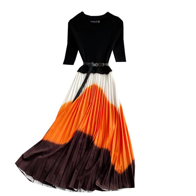 Long Sleeve Knitted Stitching Round Neck Pleated Dress Women 1012 Casual Dresses